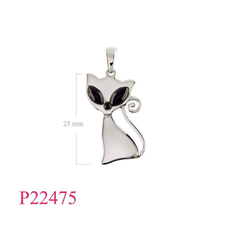 Pendant, sitting cat with eyes and nose stone.