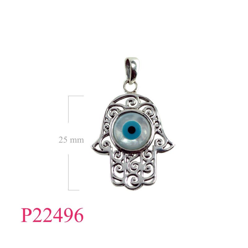 Evil eyes Pendant, Fatima Pendant, Fatima hand with round MOP evil eye.