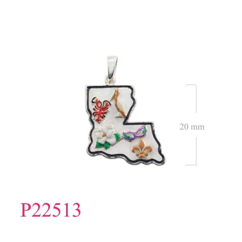 Pendant, Louisaina map and 5 symbols. enamel.