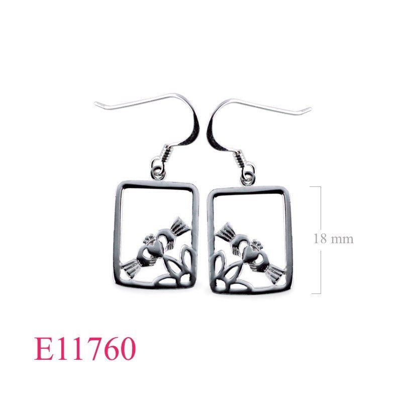 Earrings, rectangular cut out Claddagh design.