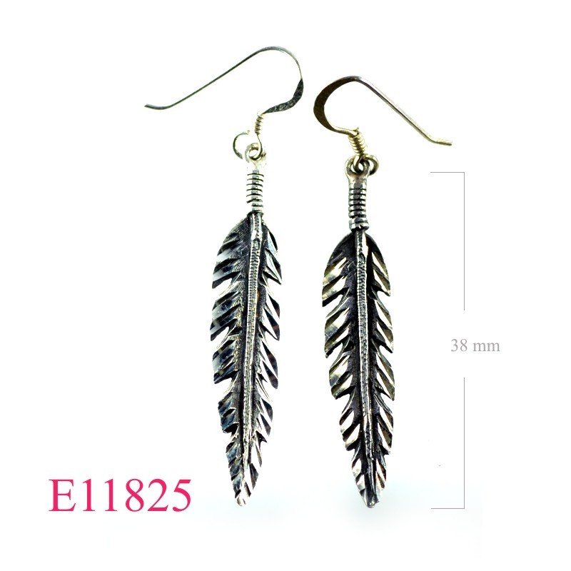 Earrings, oxidized straight feather.