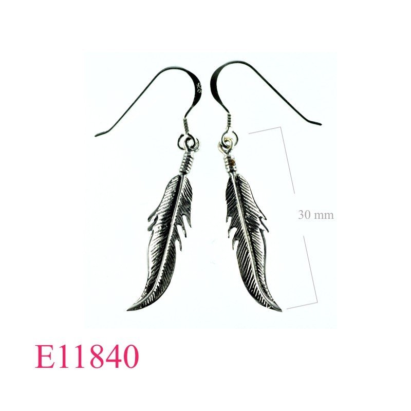 Earrings, oxidized delicate feather.
