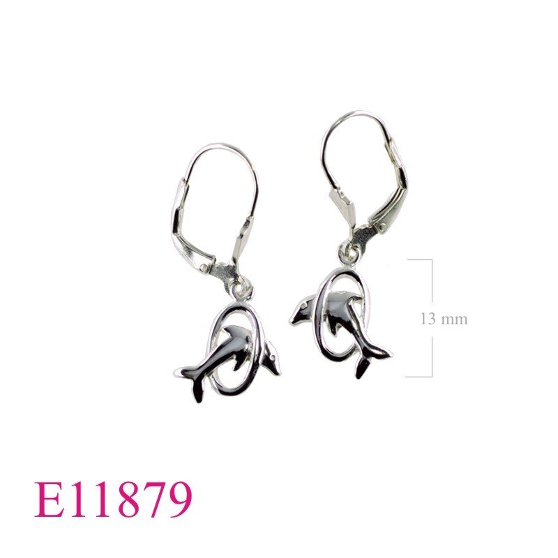 Earrings, jumping dolphin in hoop.