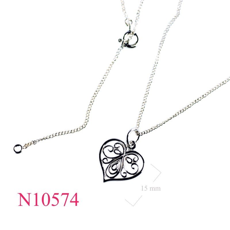 Necklace, 16+2 inches chain and filigree heart charm.