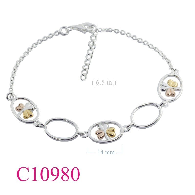 Clover Bracelet, ovals with 3 colours 1 micron Gold+Pink+Silver plated lucky clover.