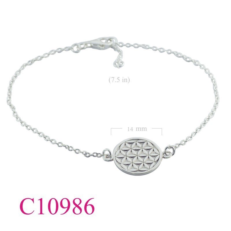 Bracelet, 7.5 inches chain and 14mm flat flowe of life.