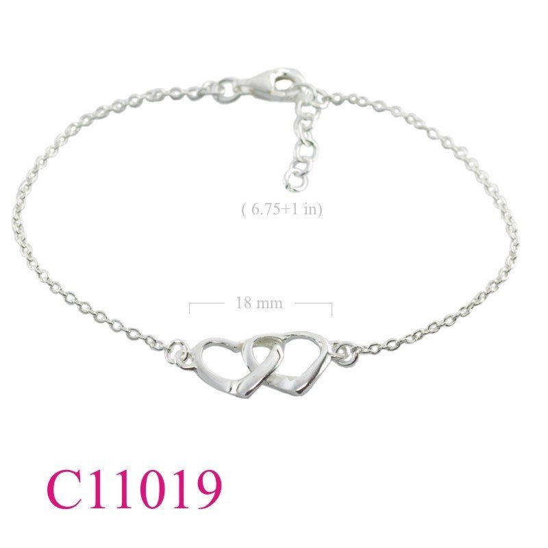 Bracelet, 6.75+1 inches chain and double open hearts.