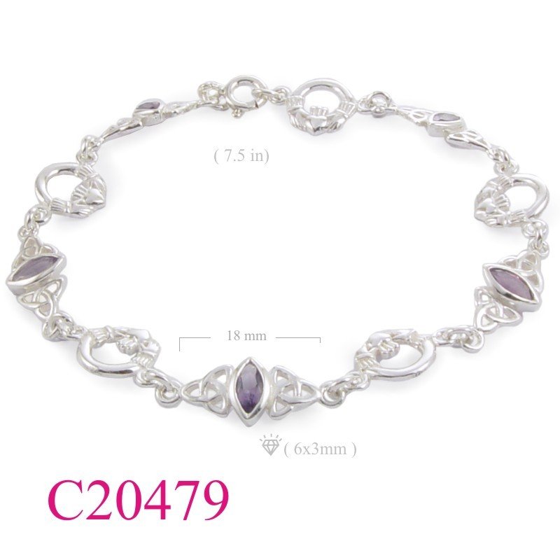 Bracelet, 7.5 inches Claddaghs and marquis Amethyst Glass stones.