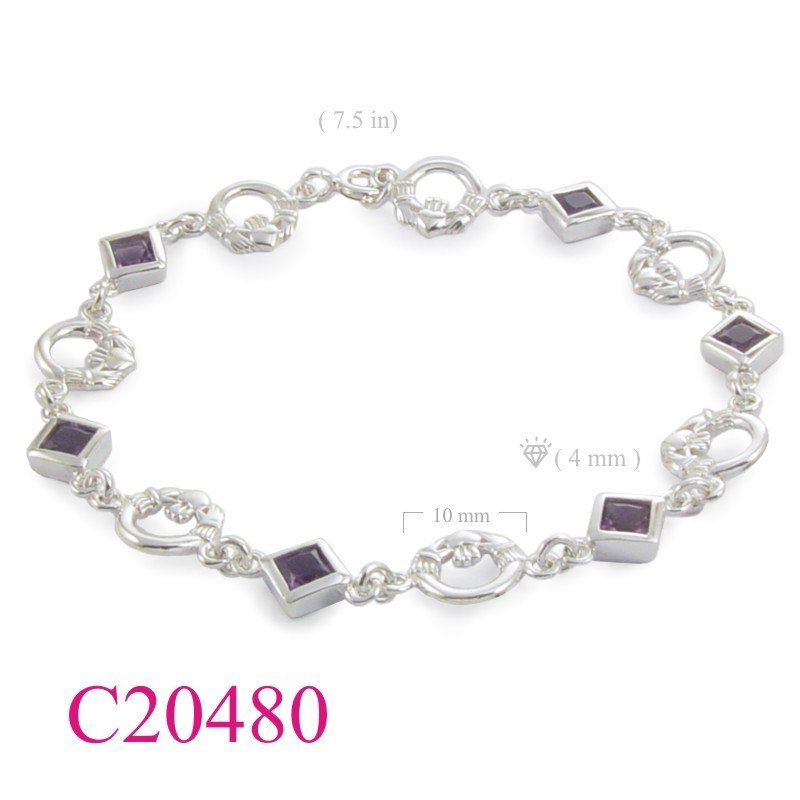 Bracelet, 7.5 inches Claddaghs and square Amethyst Glass stones.