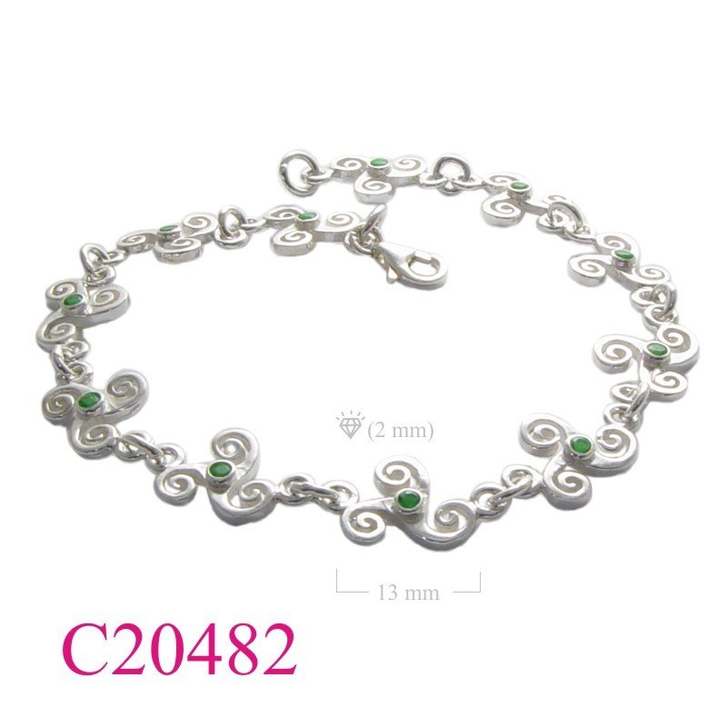 Bracelet, 11 trisellions with 2mm round Emerald colour Glass stones.