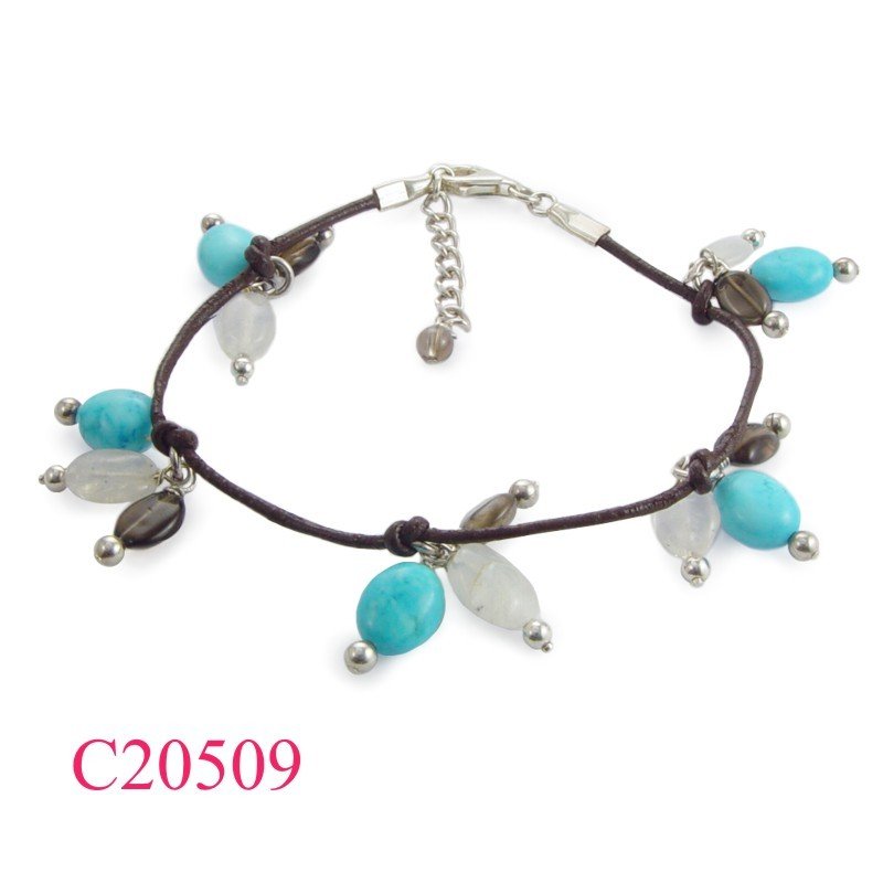 Bracelet,  7.5+1 inches leather string with oval stones.