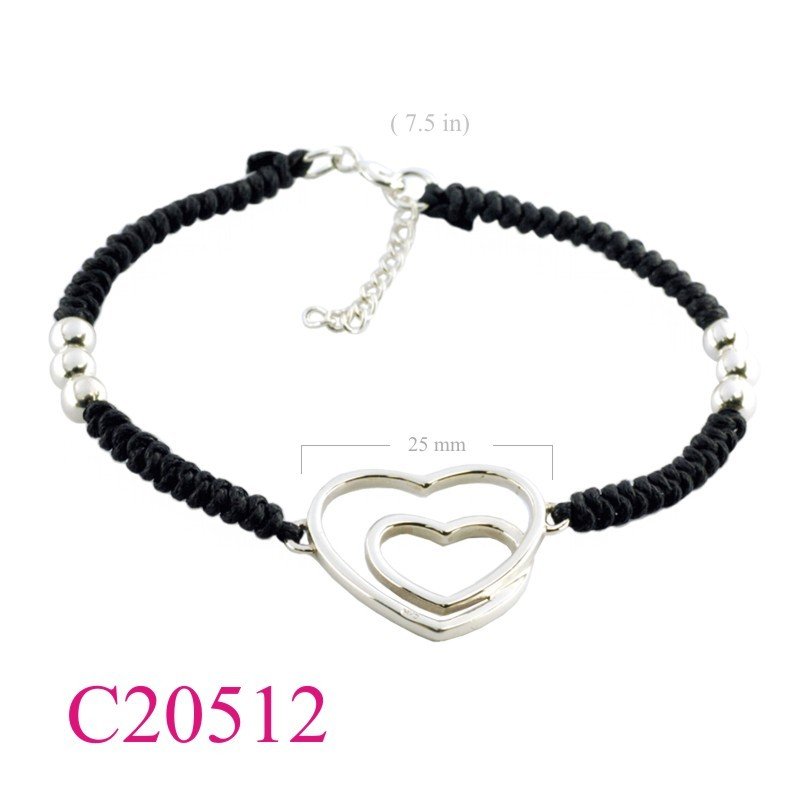 Bracelet, heart on heart with knots cotton string.