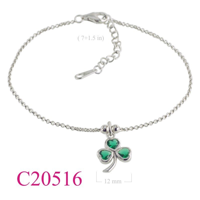 Bracelet, 7+1.5 inches chain and hanging Real Amethyst stone Shamrock with Rhodium plated.