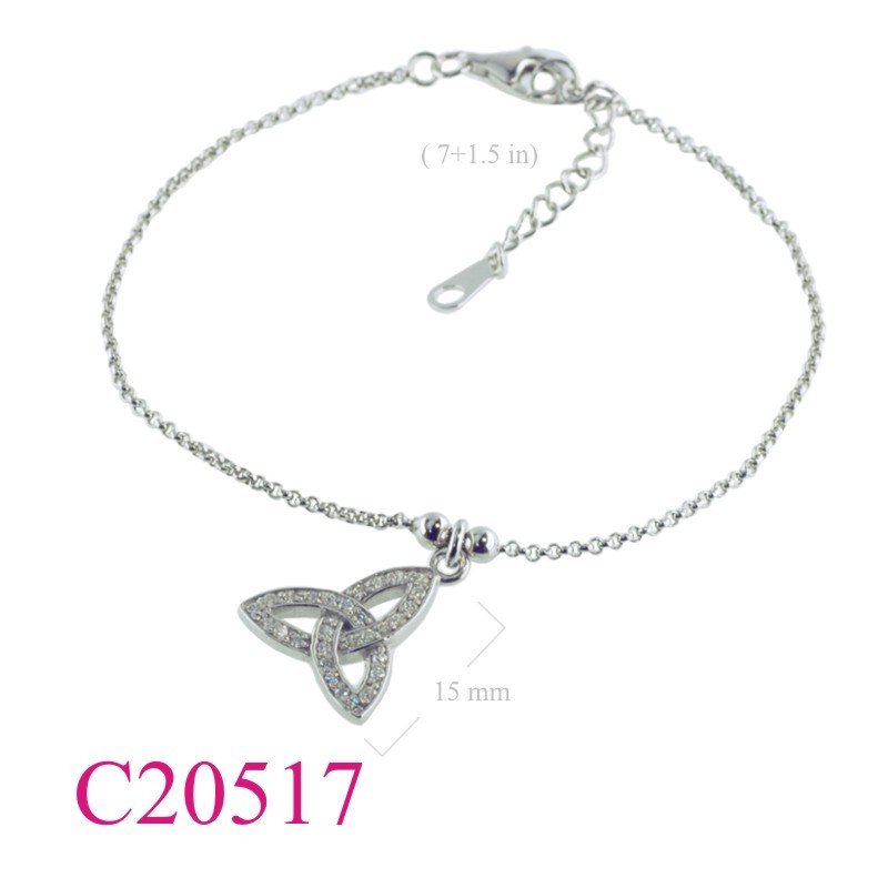 Bracelet, 7+1.5 inches chain and hanging small CCZs Trinity with Rhodium plated.