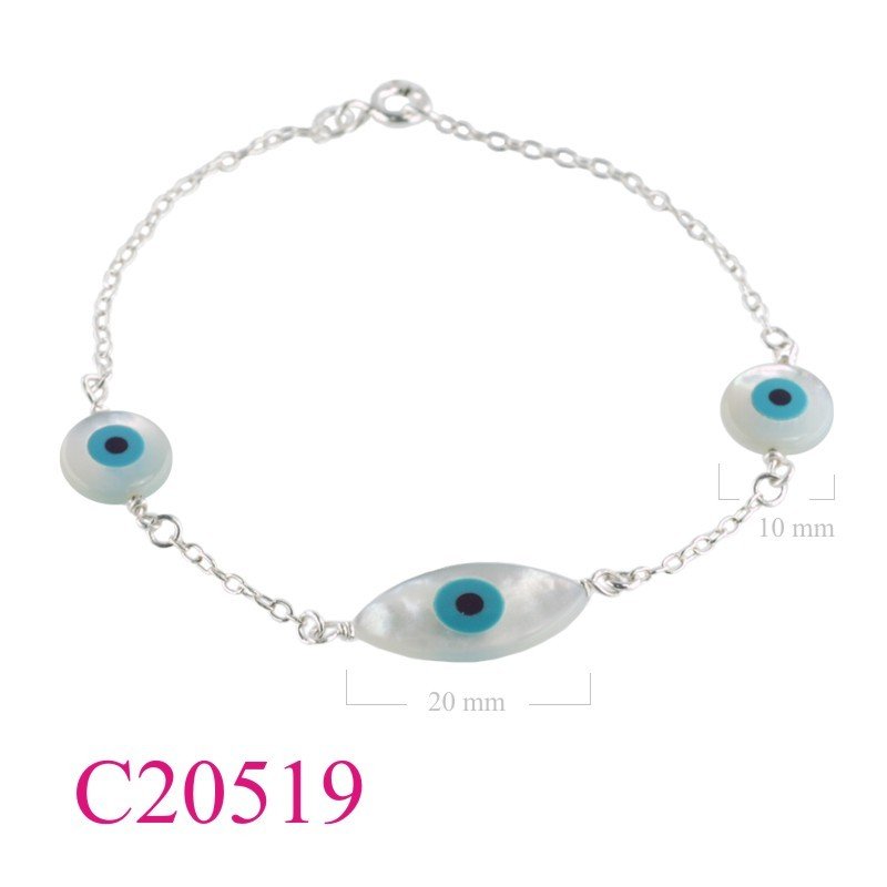 Bracelet, 7.5 inches chain  3 MOP evil eyes.