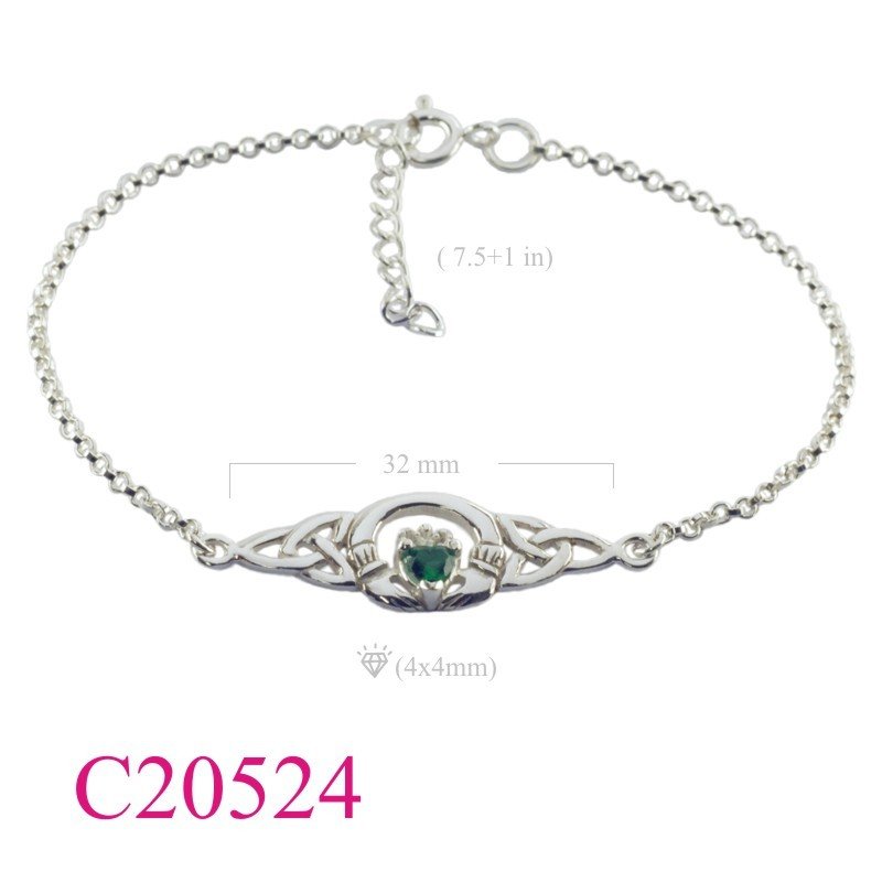 Claddagh Bracelet, Heart Bracelet, round Claddagh with  Emerald Glass.