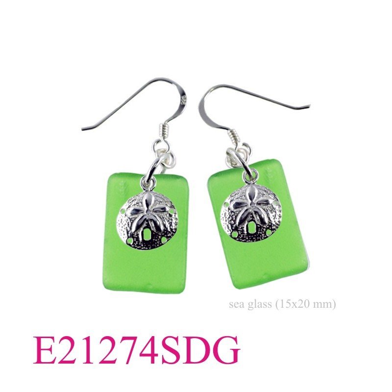 Sea Earrings, Sand Dollar Earrings,  and 15x20 mm rectangle Green  glass.