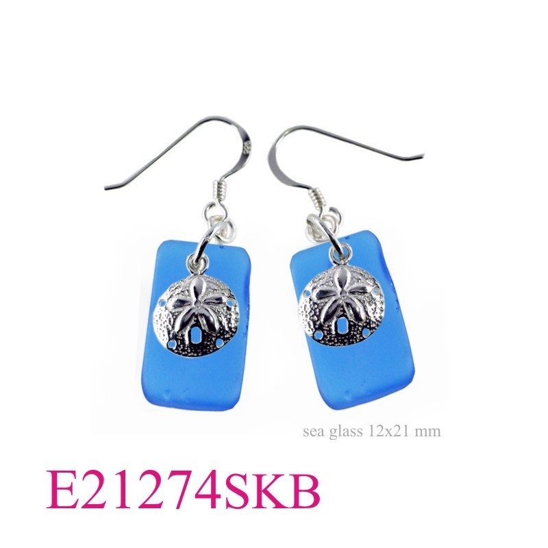 Sea Earrings, Sand Dollar Earrings,  and 12x21mm rectangle deep Blue  glass.