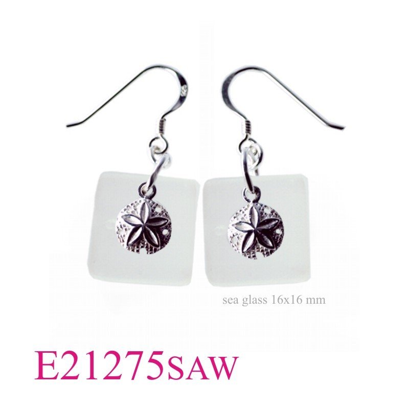 Earrings, sand dollar and 16mm square White glass.