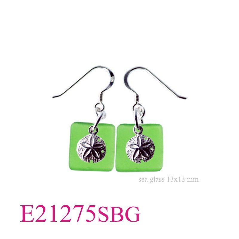Earrings, sand dollar and 13mm square Green glass.