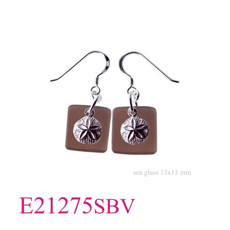 Earrings, sand dollar and 13mm square Violet glass.