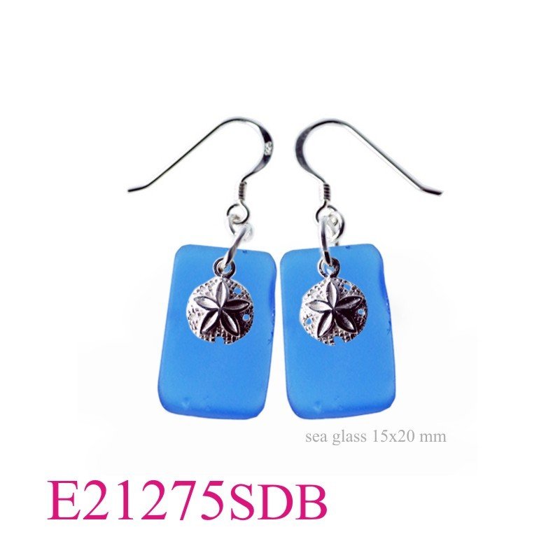 Earrings, sand dollar and 15x20 mm rectangle deep Blue glass.