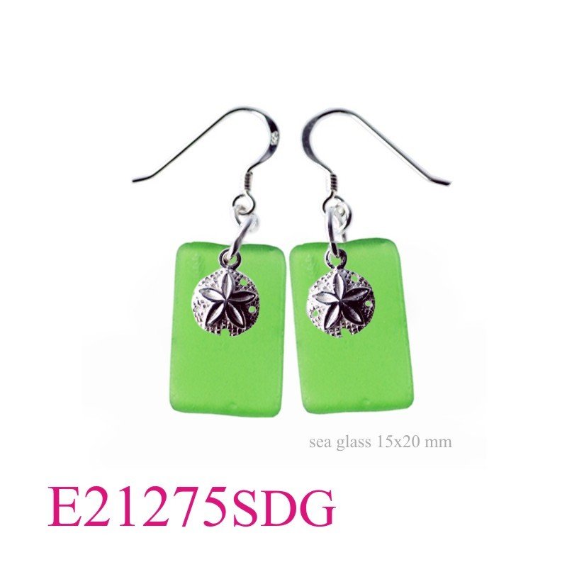 Earrings, sand dollar and 15x20 mm rectangle Green glass.
