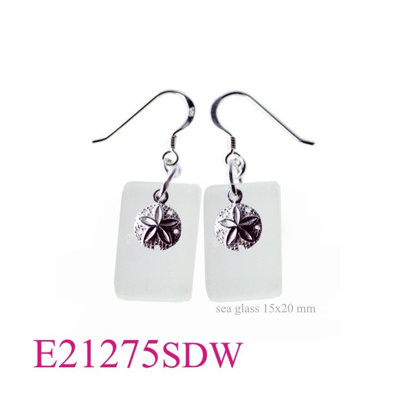 Earrings, sand dollar and 15x20 mm rectangle White glass.