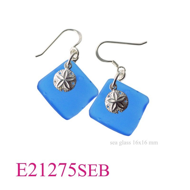 Earrings, sand dollar and 16mm square (angle) deep Blue glass.