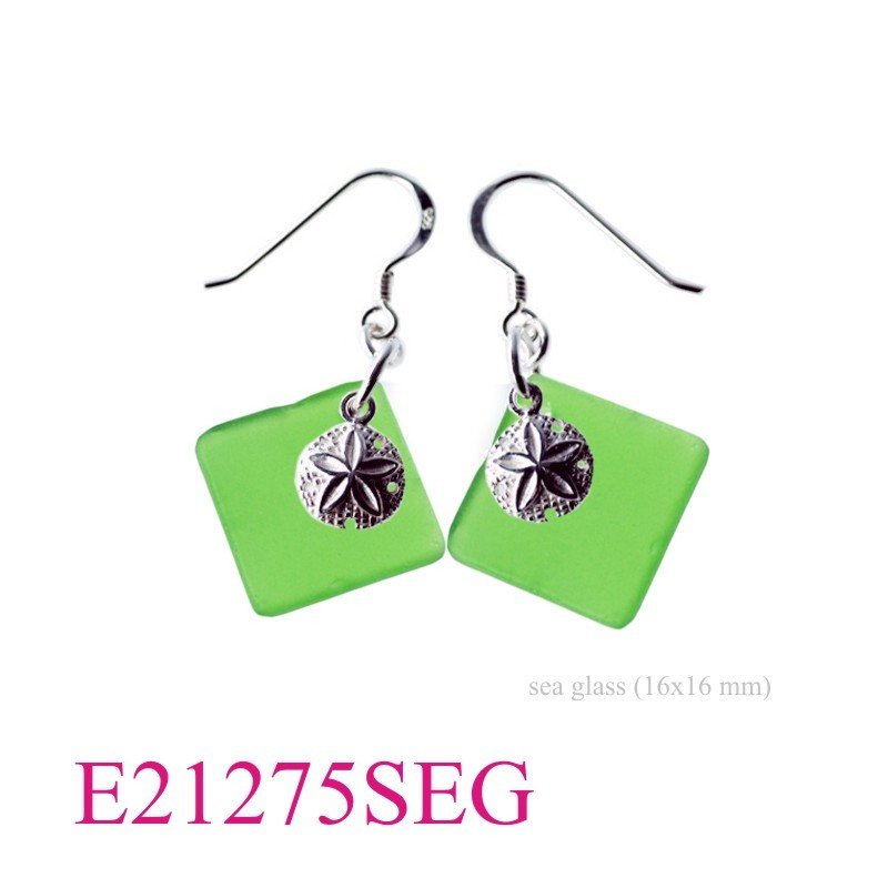Earrings, sand dollar and 16mm square (angle) Green glass.