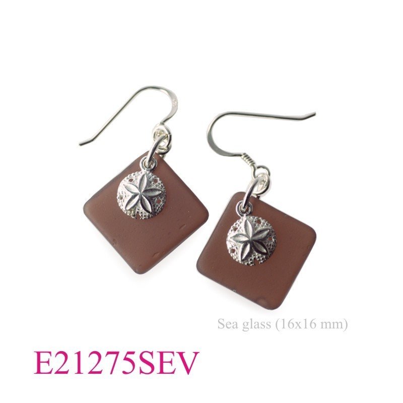 Earrings, sand dollar and 16mm square (angle) Violet glass.