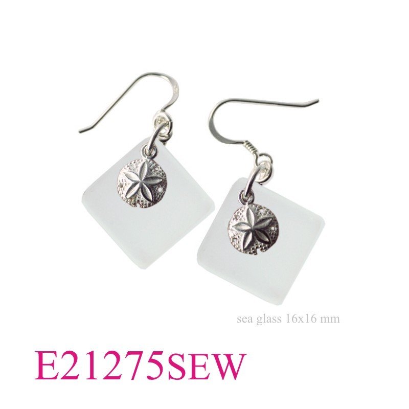 Earrings, sand dollar and 16mm square (angle) White glass.