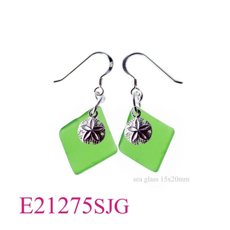 Sea Earrings, Sand Dollar Earrings,  and 15x20mm diamond shape Green Sea glass.