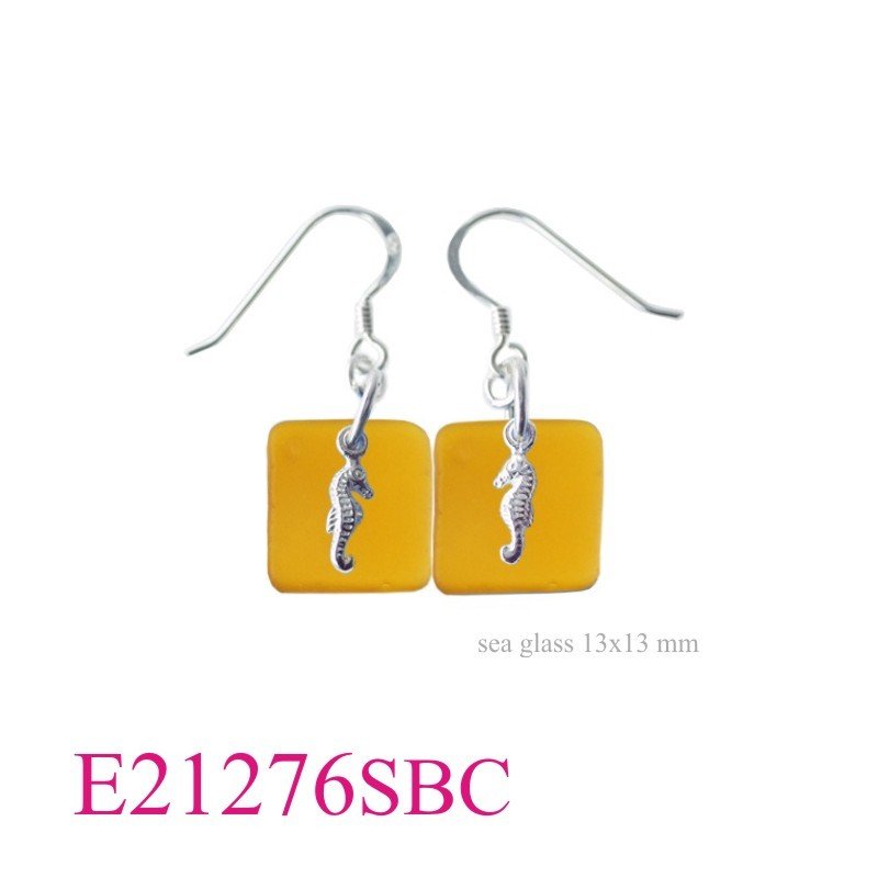 Seahorse Earrings, Seahorse and 13mm square Brown Sea glass.
