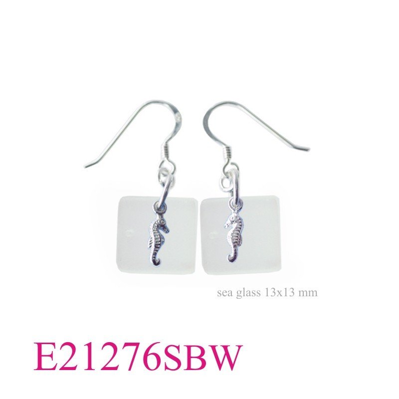 Seahorse Earrings, Seahorse  and 13mm square White Sea glass.