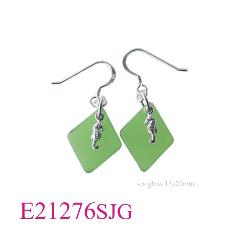 Seahorse Earrings,  Seahorse and 15x20mm diamond shape Green Sea glass.