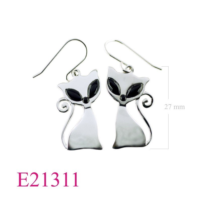 Earrings, sitting cat with eyes and nose stones.