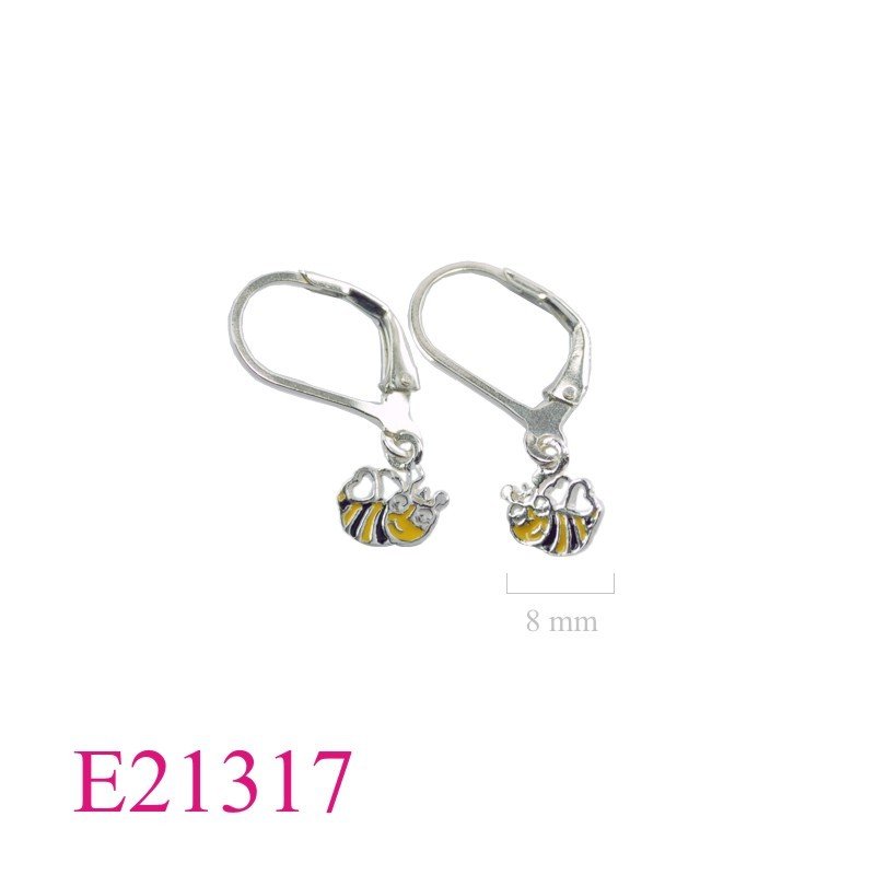 Earrings, enamel yellow smail bee with lever back hook.