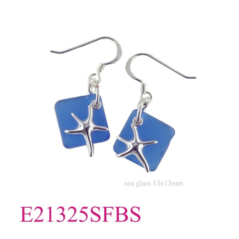 Starfish Earrings, starfish and 13mm diagonal square shape deep blue Sea Glass (Soldered jump Ring).