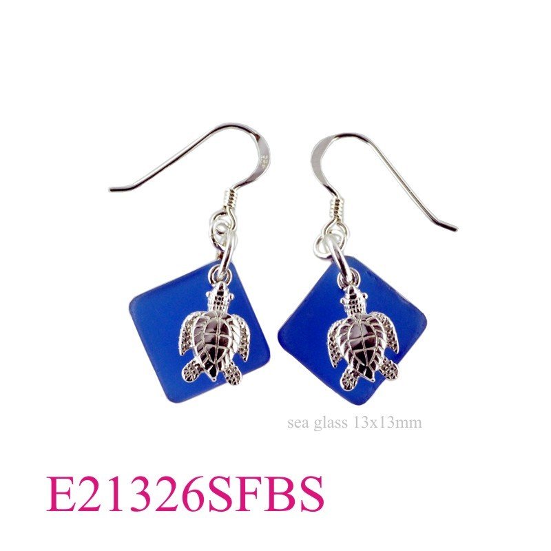 Turtle Earrings, Sea Earrings, and 13mm diagonal square shape deep blue Sea Glass (Soldered jump ring).