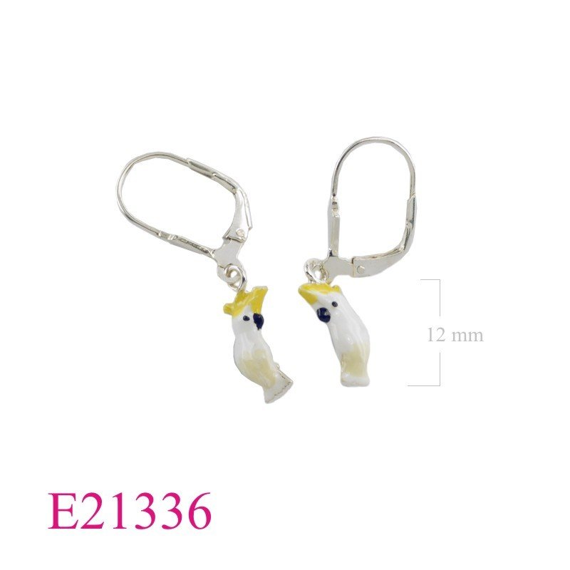 Earrings, enamel cockatoo bird with lever back hook.