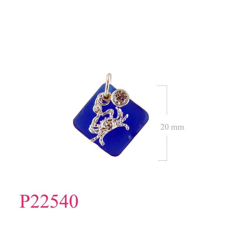 Crab Pendant, round CCZ and diagonal square shape blue Sea Glass