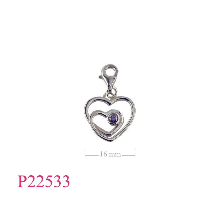 Heart Pendant, CZ Pendant, doublewith round Amethyst CZ stone.