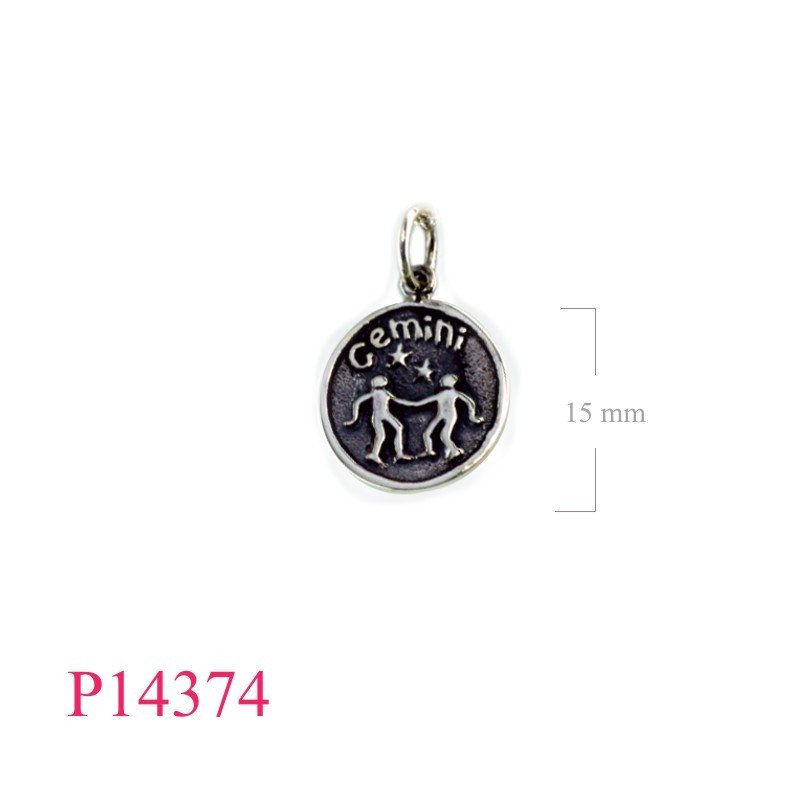 Pendant, Gemini zodiac round charm.