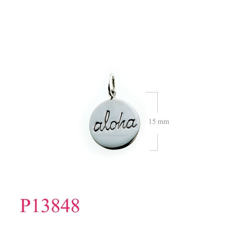 Pendant, 15mm "aloha" round tag.
