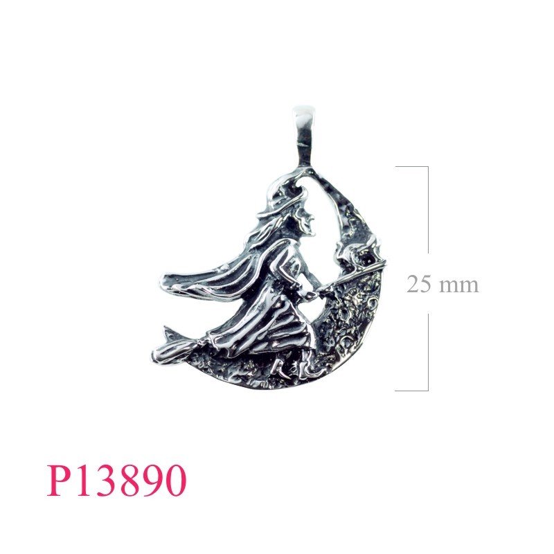 Pendant, witch and crescent.