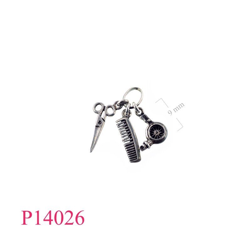 Pendant, comb, scissors, dryer.