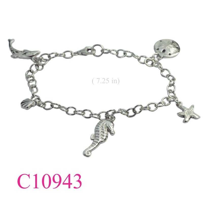 Bracelet, 7.25 inches chain and hanging sea lifes with Rhodium plated.