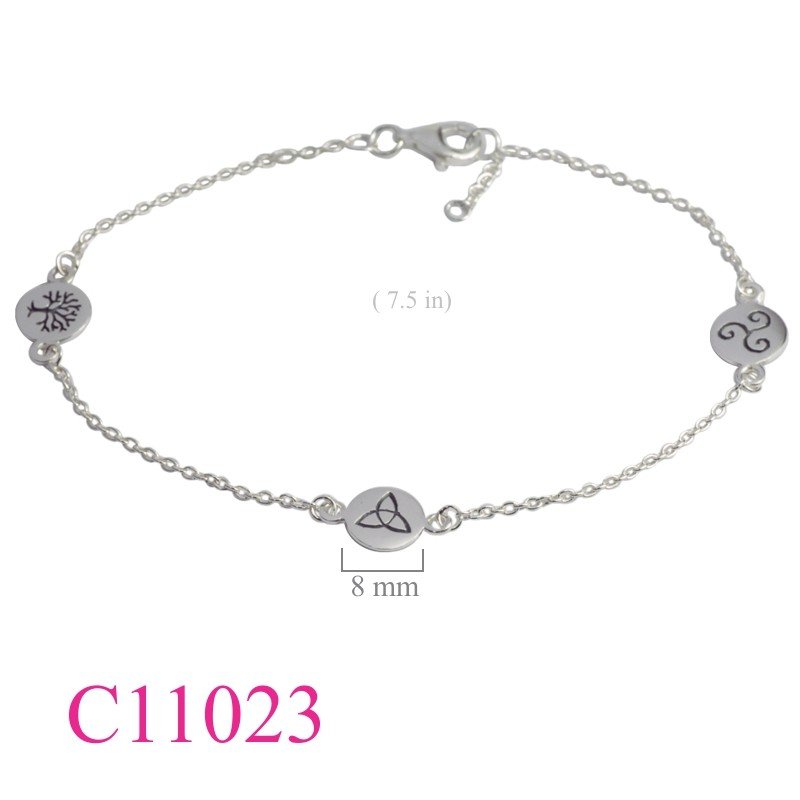 Celtic Bracelet, 7.5 inches chain and small round Tree of Life, Trinity, Triskelion coins.
