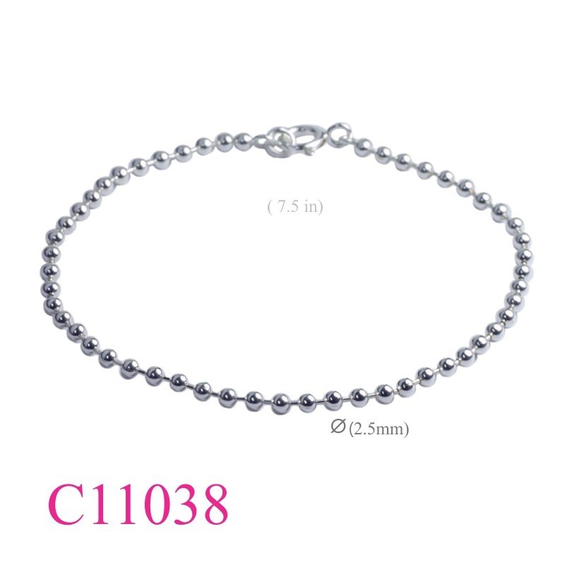 Bracelet, 7.5 inches 2.5mm ball chain with Silver plated.